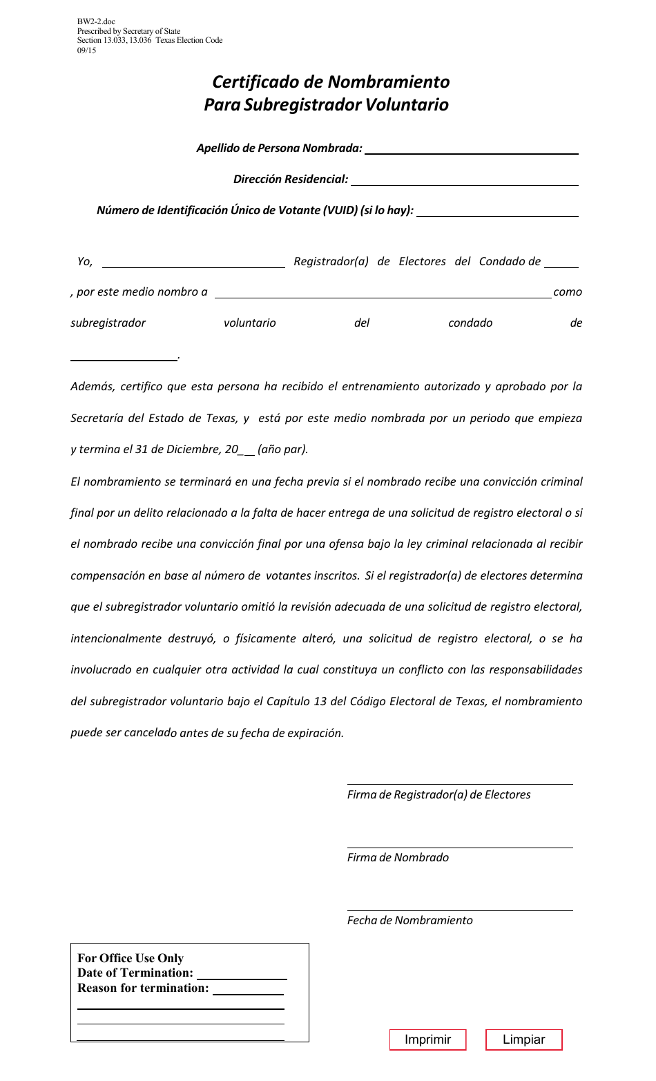 Form 22-4 Certificate of Appointment for Volunteer Deputy Registrar - Texas (English / Spanish), Page 2