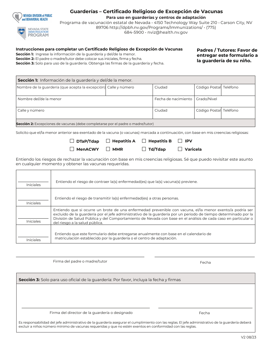 Guarderias - Certificado Religioso De Excepcion De Vacunas - Nevada (Spanish), Page 1