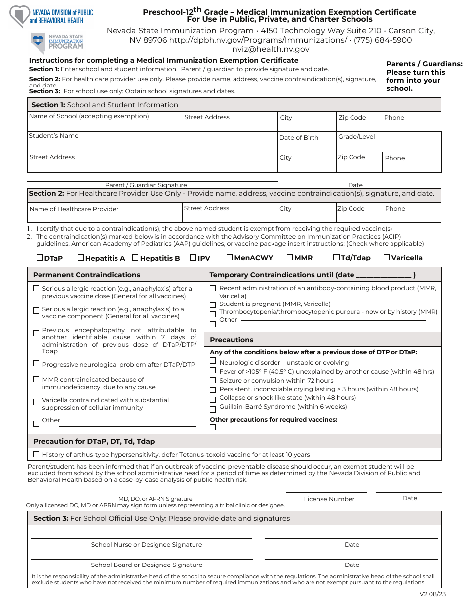 Preschool-12th Grade - Medical Immunization Exemption Certificate for Use in Public, Private, and Charter Schools - Nevada, Page 1