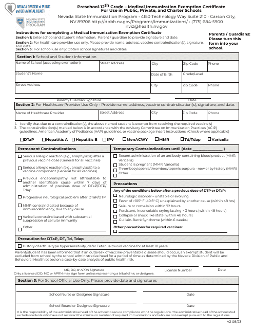 Preschool-12th Grade - Medical Immunization Exemption Certificate for Use in Public, Private, and Charter Schools - Nevada Download Pdf