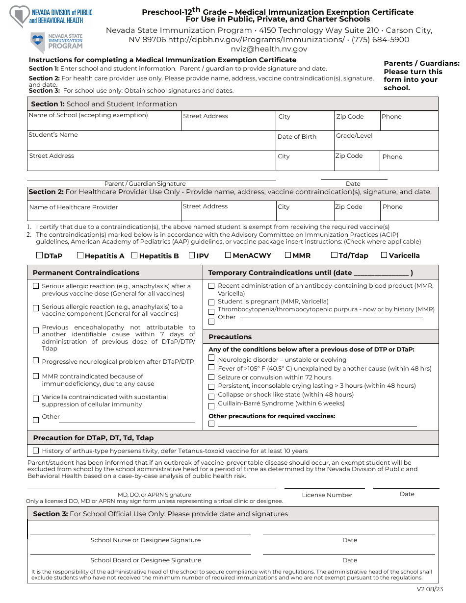 Nevada Preschool-12th Grade - Medical Immunization Exemption