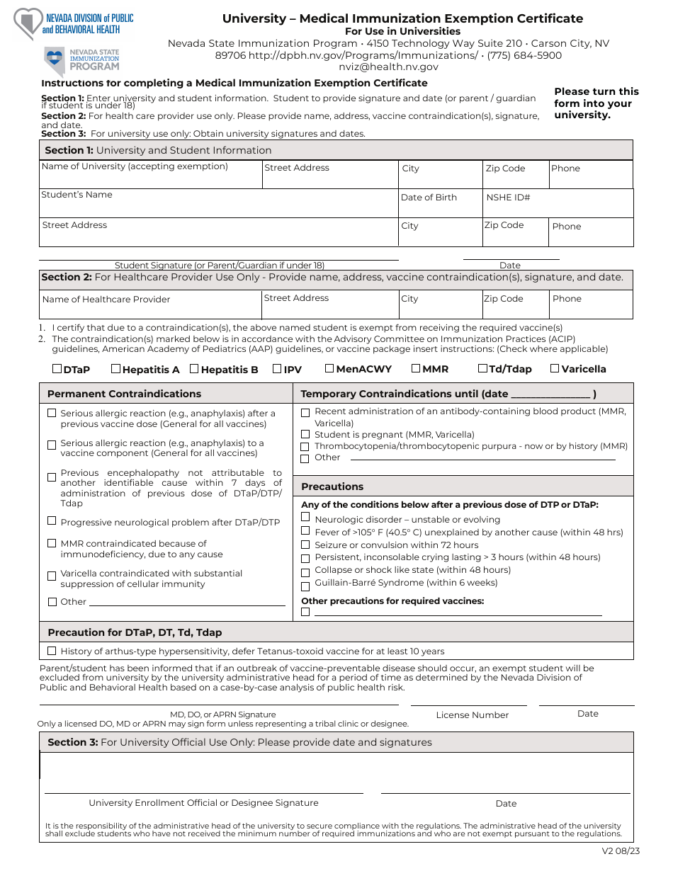 University - Medical Immunization Exemption Certificate - Nevada, Page 1