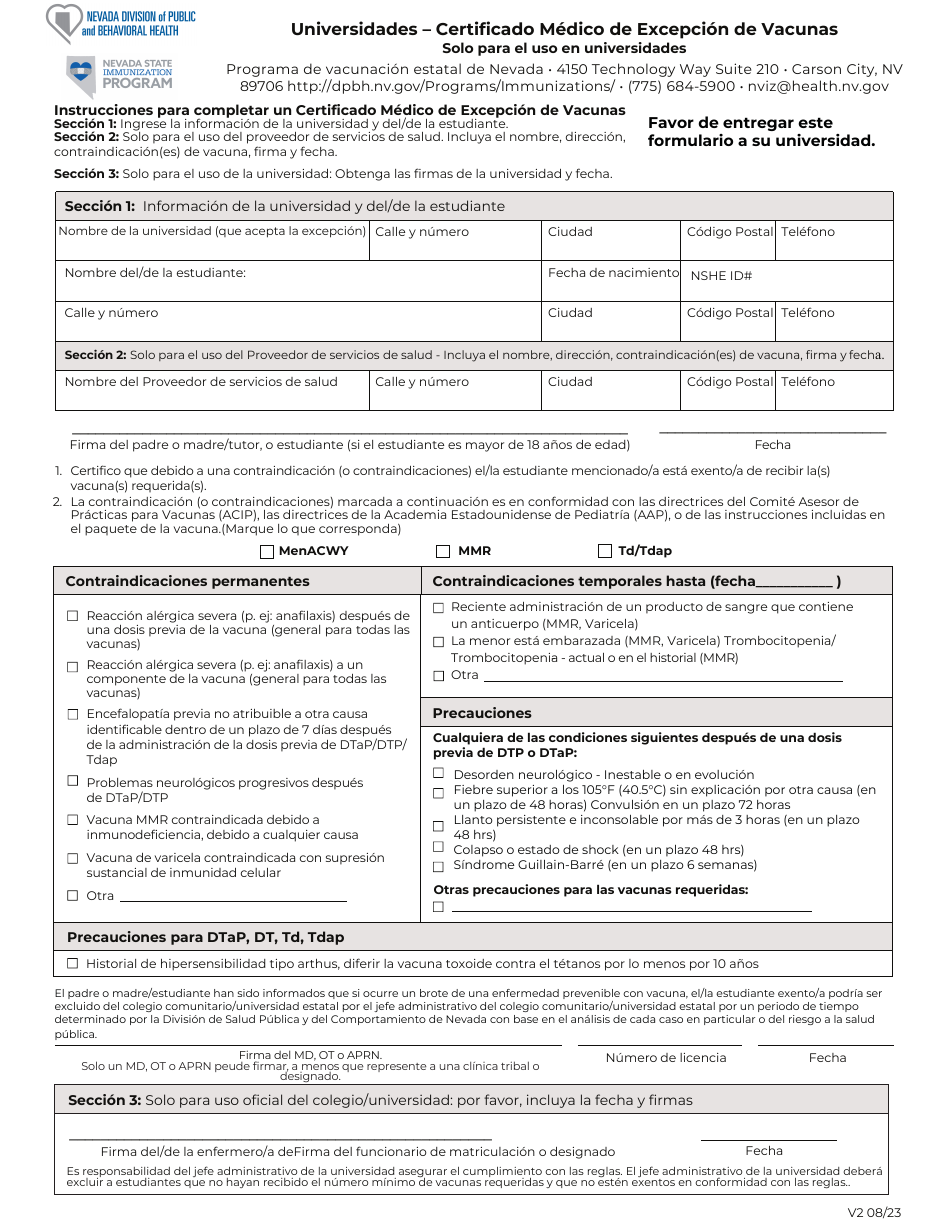 Universidades - Certificado Medico De Excepcion De Vacunas - Nevada (Spanish), Page 1