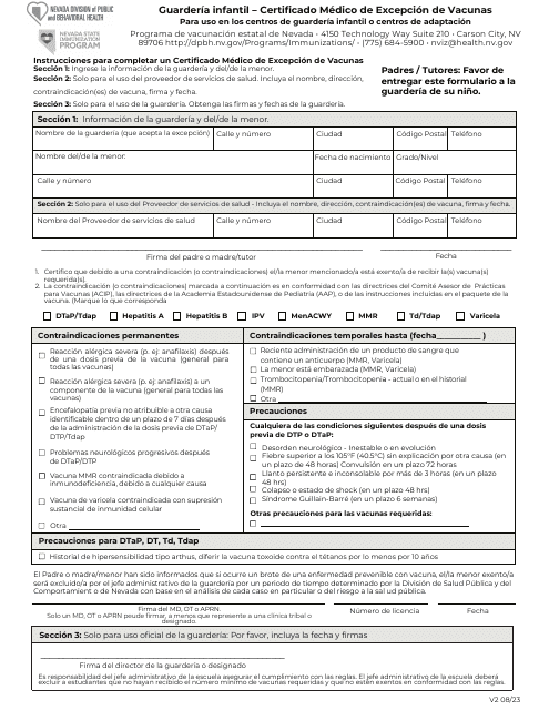 Guarderia Infantil - Certificado Medico De Excepcion De Vacunas - Nevada (Spanish)