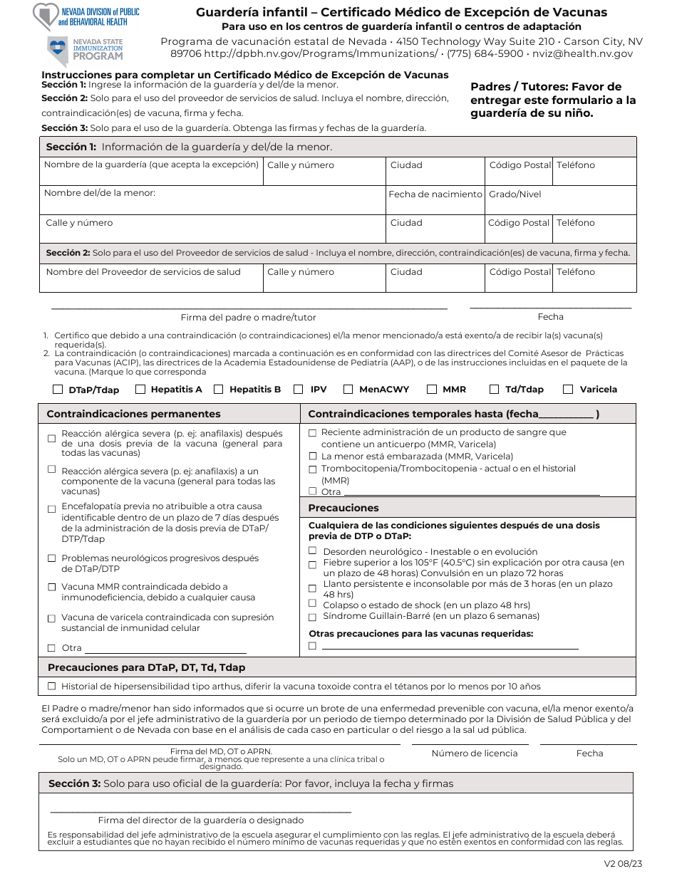 Guarderia Infantil - Certificado Medico De Excepcion De Vacunas - Nevada (Spanish), Page 1