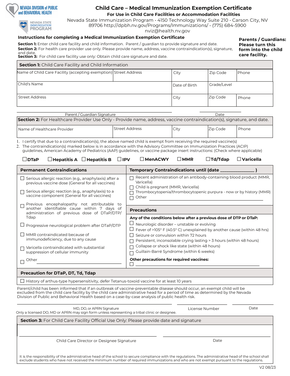 Child Care - Medical Immunization Exemption Certificate - Nevada, Page 1