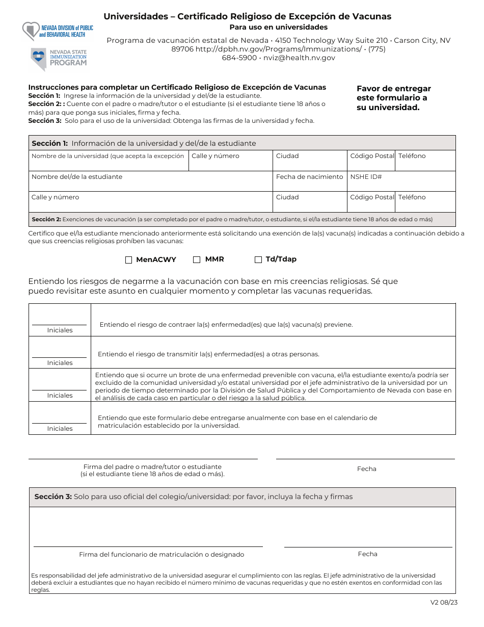 Universidades - Certificado Religioso De Excepcion De Vacunas - Nevada (Spanish), Page 1