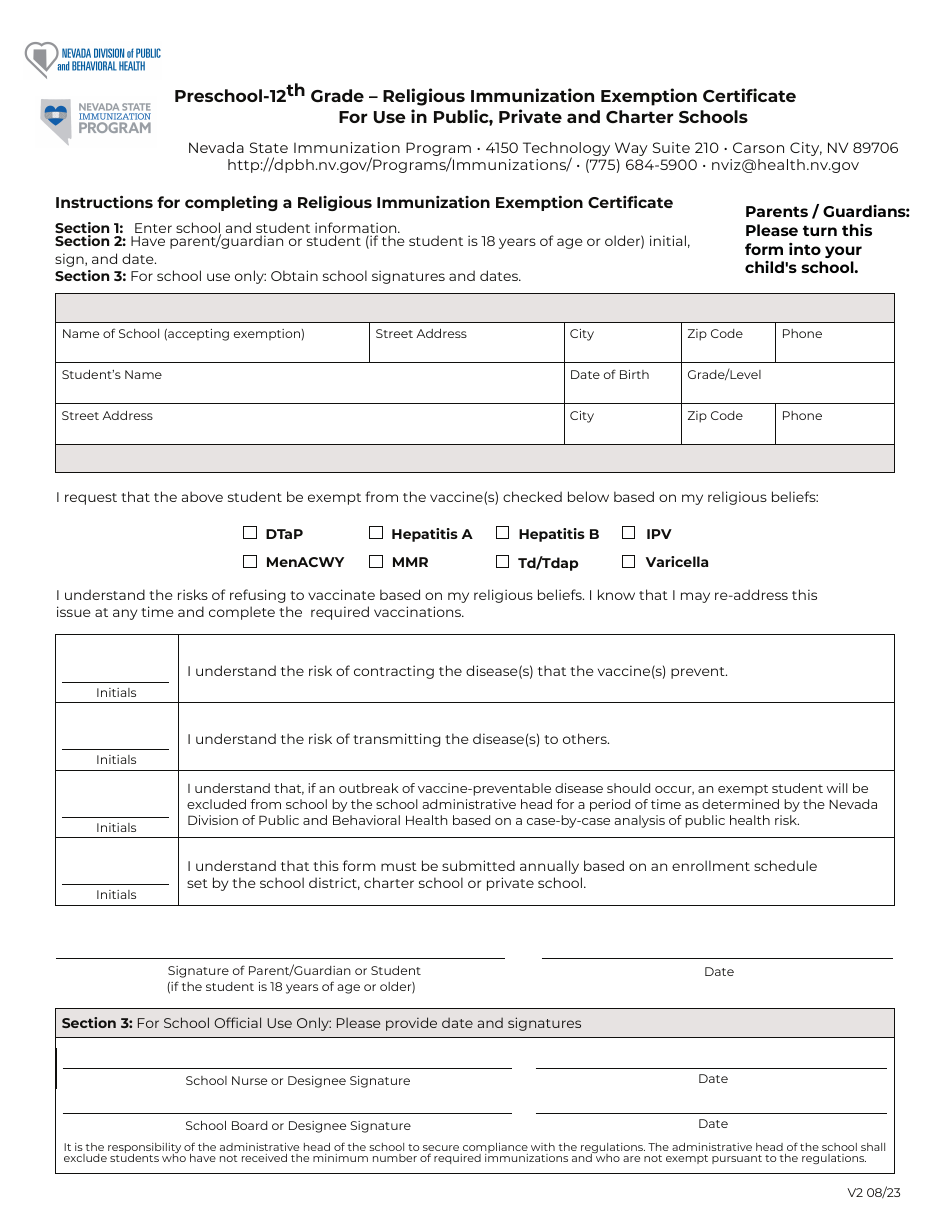 Preschool-12th Grade - Religious Immunization Exemption Certificate - Nevada, Page 1