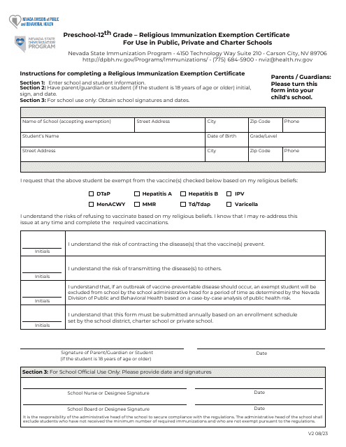 Preschool-12th Grade - Religious Immunization Exemption Certificate - Nevada Download Pdf