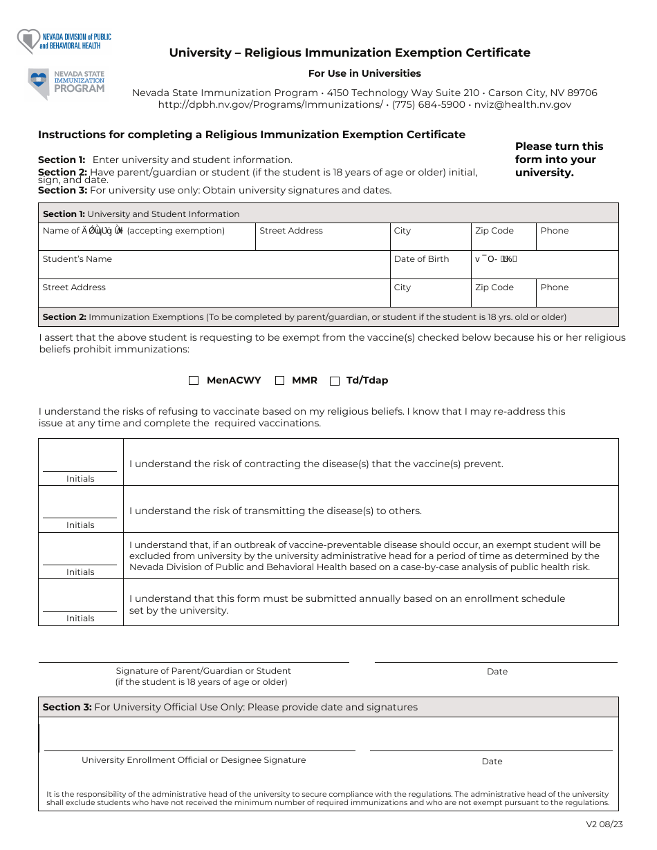 University - Religious Immunization Exemption Certificate - Nevada, Page 1
