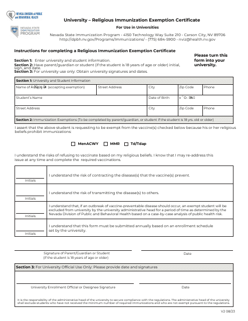 University - Religious Immunization Exemption Certificate - Nevada Download Pdf