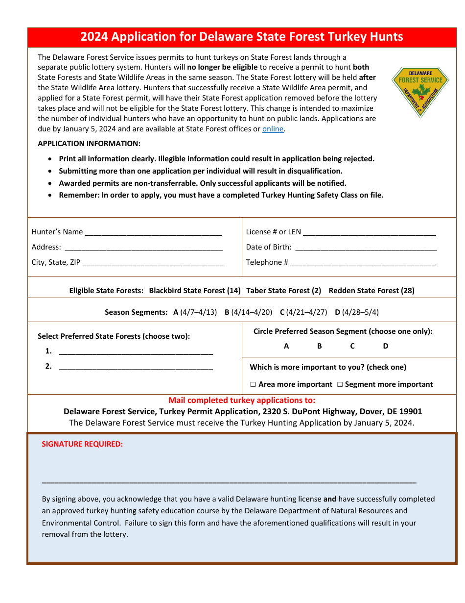 2024 Delaware Application for Delaware State Forest Turkey Hunts
