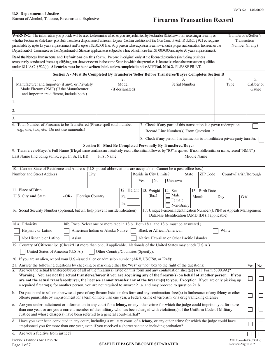 ATF Form 4473 (5300.9) Firearms Transaction Record, Page 1