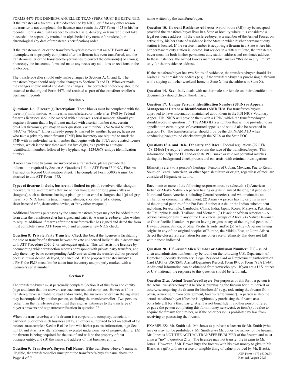 ATF Form 4473 (5300.9) Firearms Transaction Record, Page 4