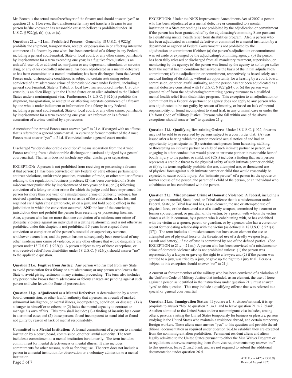 ATF Form 4473 (5300.9) Firearms Transaction Record, Page 5