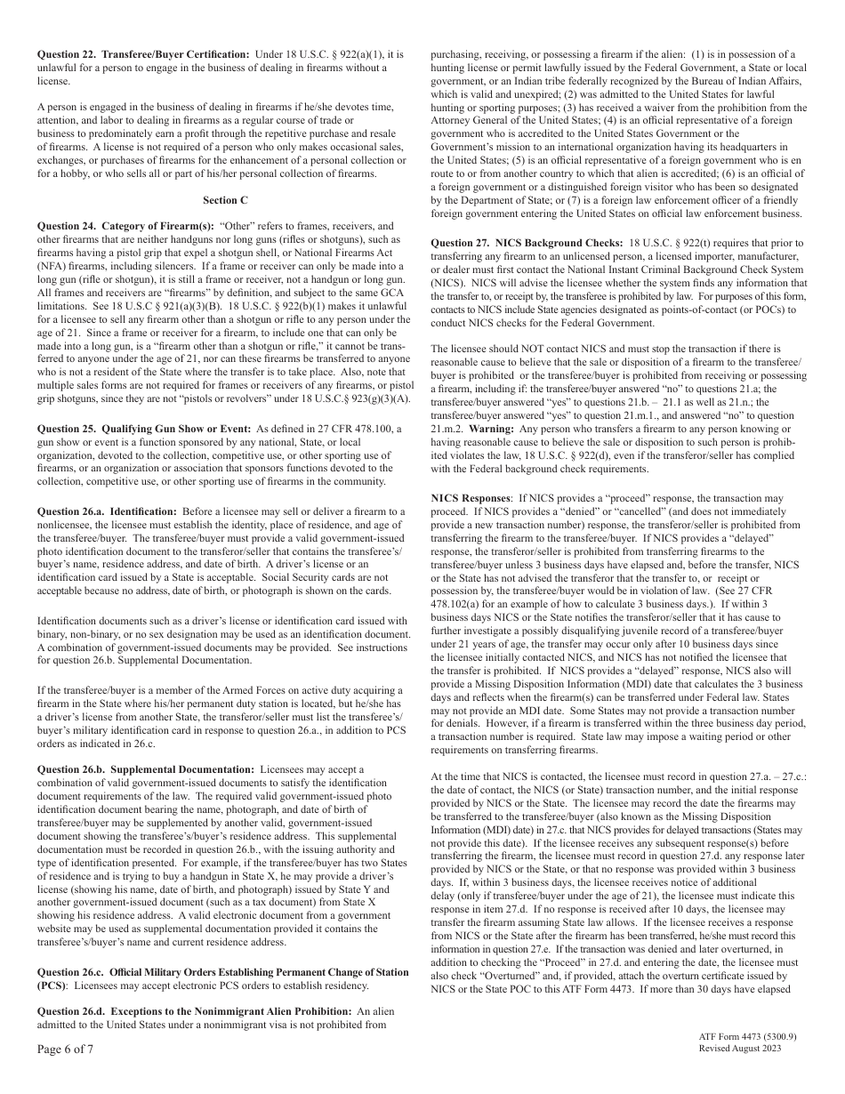 ATF Form 4473 (5300.9) Firearms Transaction Record, Page 6