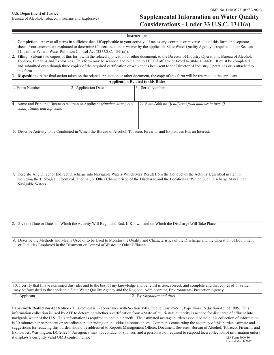 ATF Form 5000.30 Supplemental Information on Water Quality Considerations, Page 1