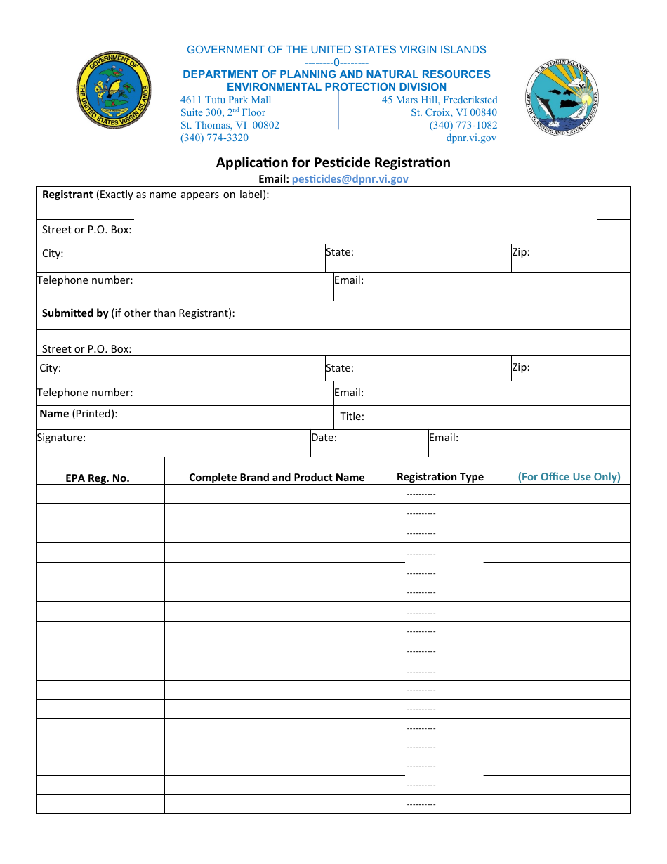 Application for Pesticide Registration - Virgin Islands, Page 1