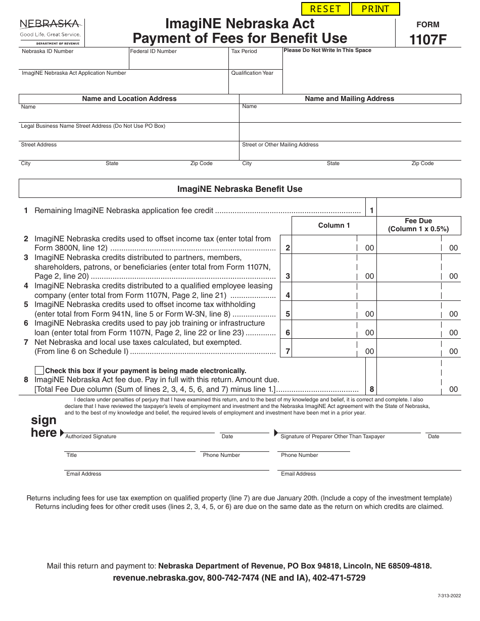 Form 1107F Imagine Nebraska Act - Payment of Fees for Benefit Use - Nebraska, Page 1