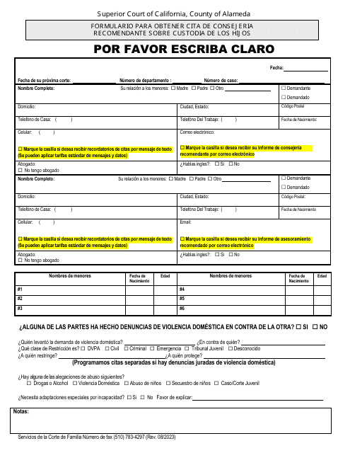 Formulario Para Obtener Cita De Consejeria Recomendante Sobre Custodia De Los Hijos - County of Alameda, California (Spanish)