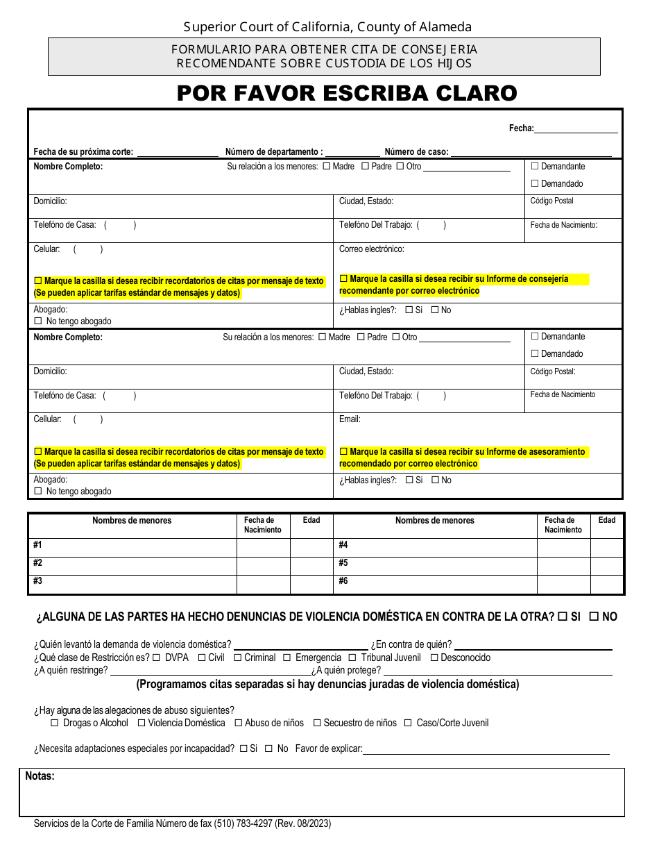 Formulario Para Obtener Cita De Consejeria Recomendante Sobre Custodia De Los Hijos - County of Alameda, California (Spanish), Page 1