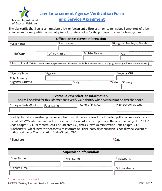 Law Enforcement Agency Verification Form and Service Agreement - Texas