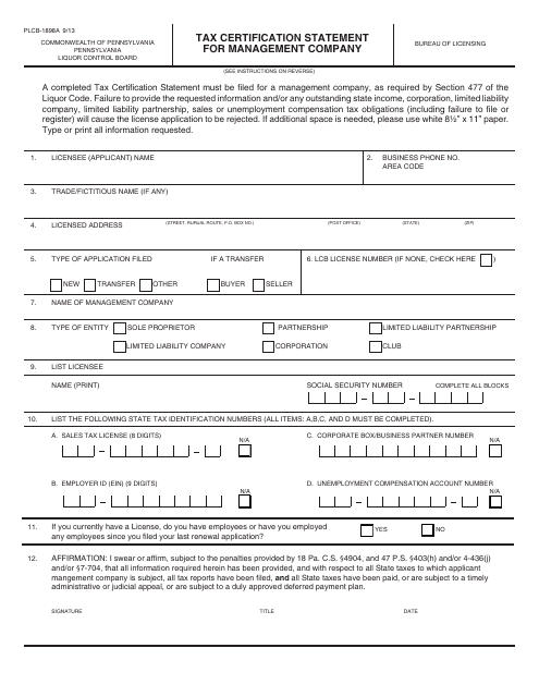 Form PLCB-1898A Tax Certification Statement for Management Company - Pennsylvania