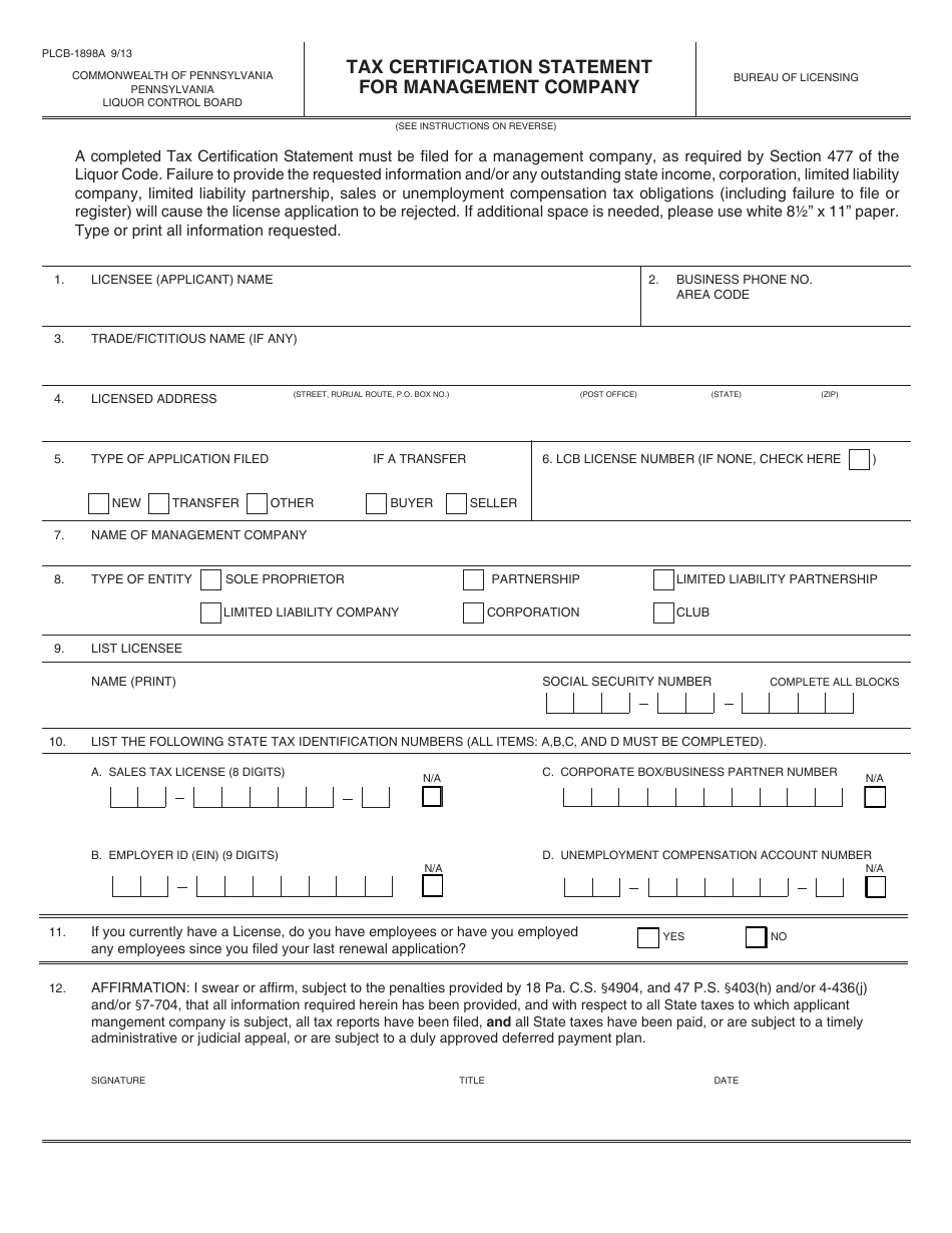 Form PLCB-1898A Tax Certification Statement for Management Company - Pennsylvania, Page 1