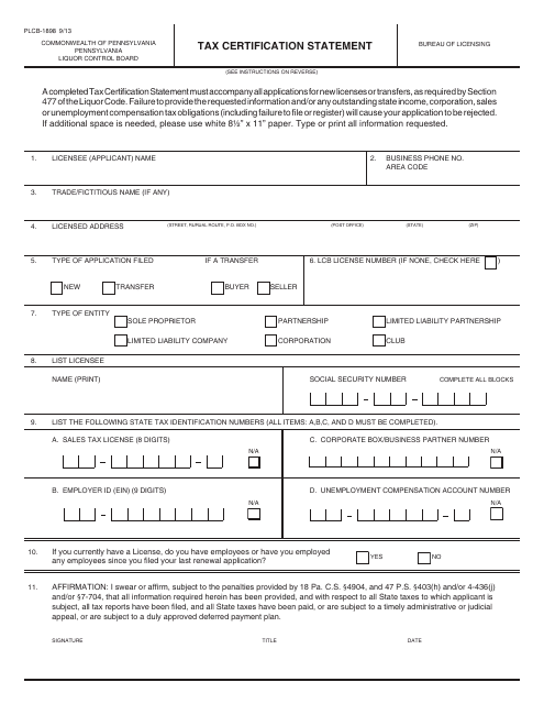 Form PLCB-1898 Tax Certification Statement - Pennsylvania