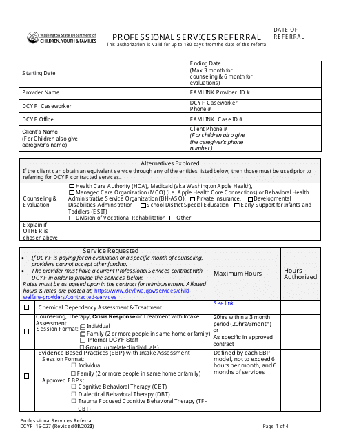 DCYF Form 15-027 Professional Services Referral - Washington