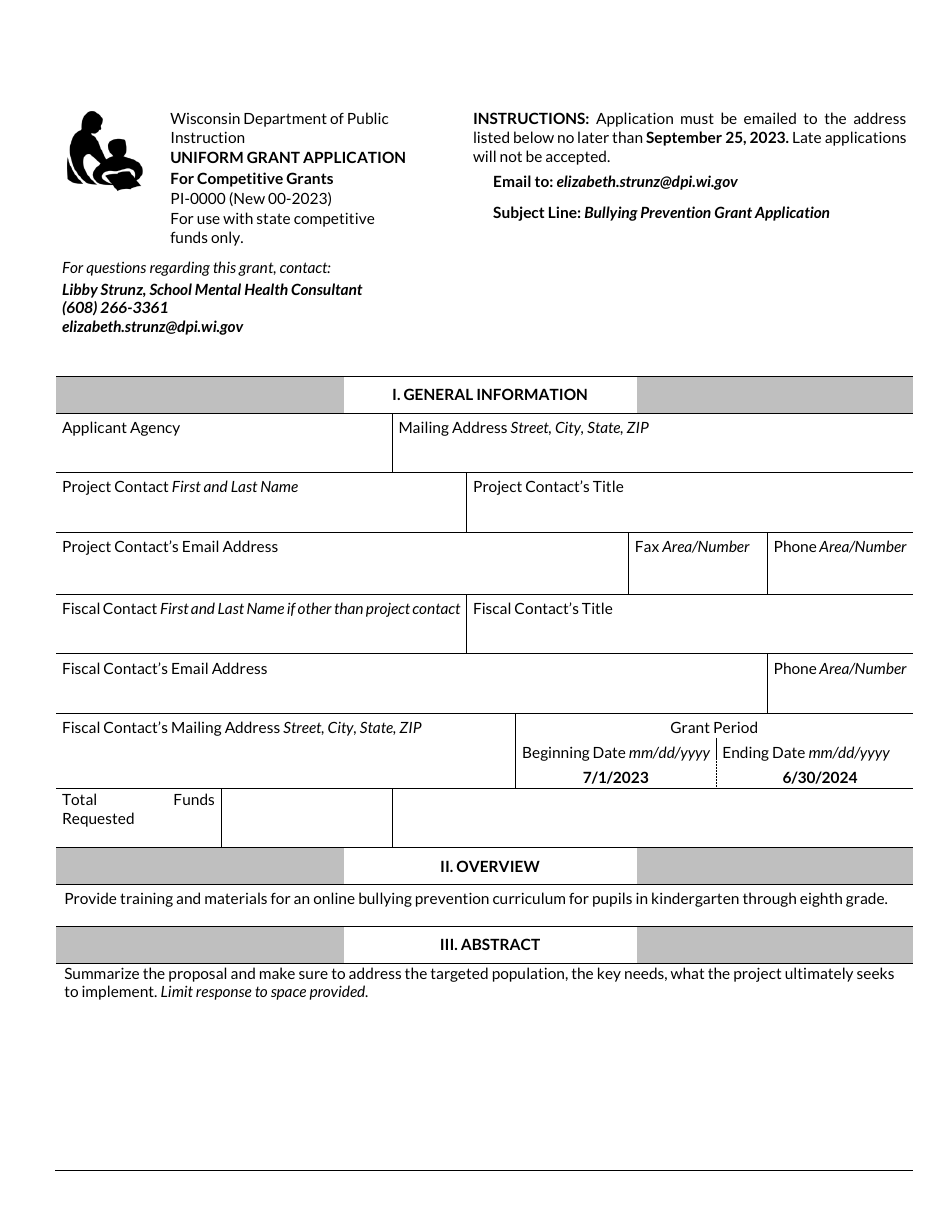 Form PI-0000 Uniform Grant Application for Competitive Grants - Wisconsin, Page 1