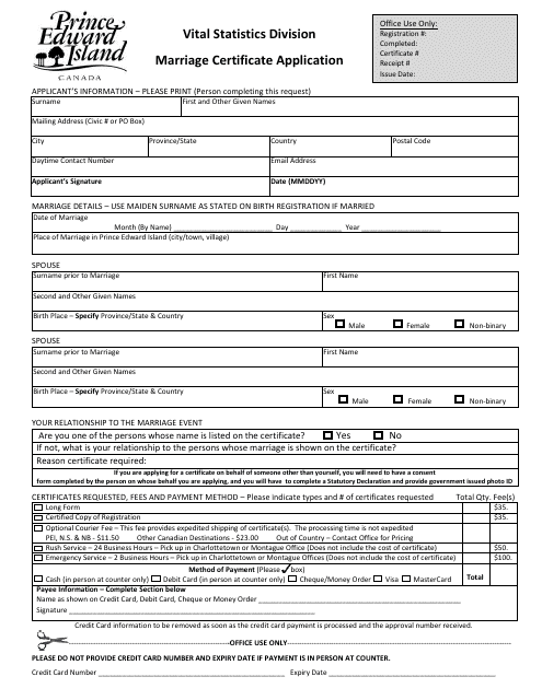 Marriage Certificate Application - Prince Edward Island, Canada Download Pdf