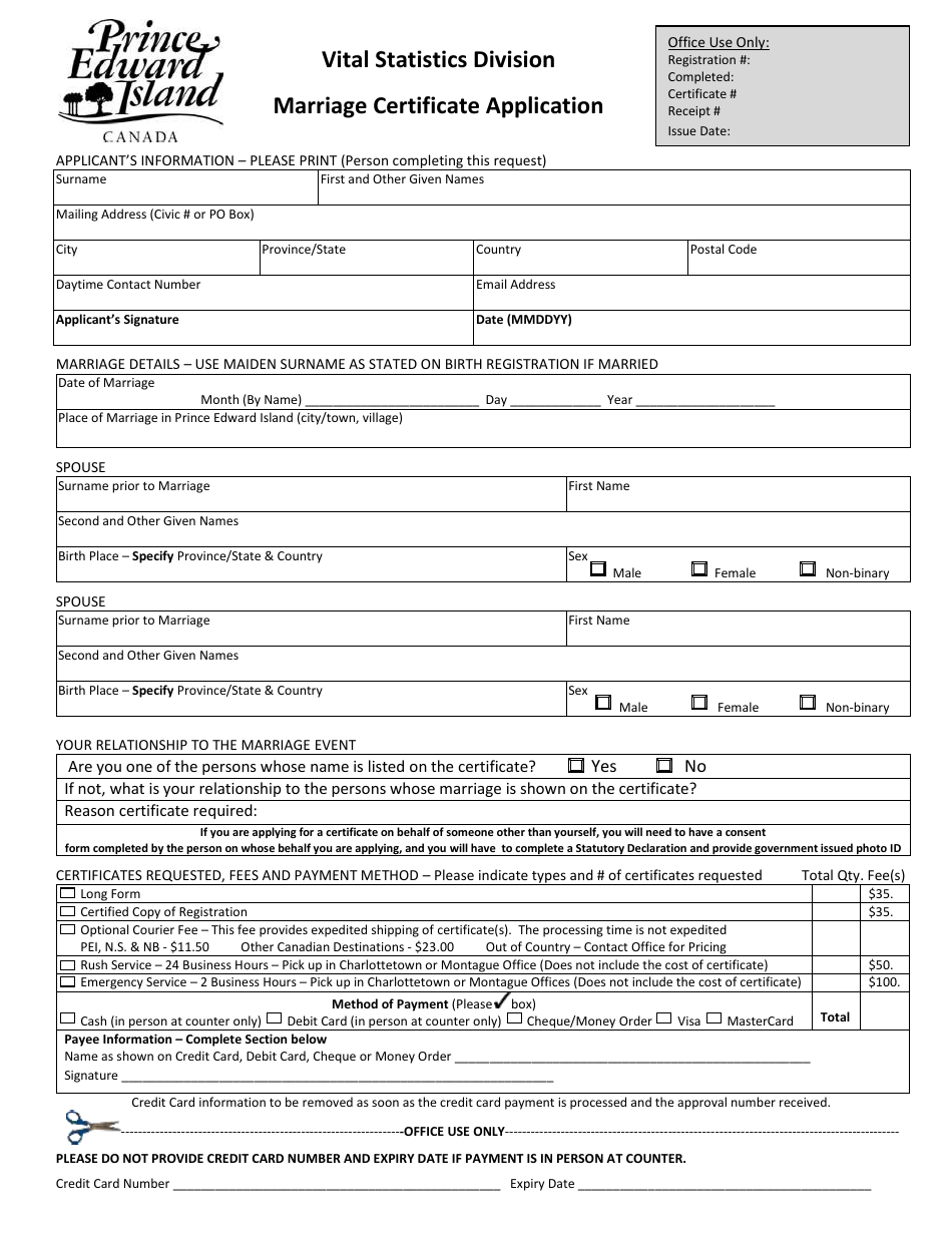 Marriage Certificate Application - Prince Edward Island, Canada, Page 1