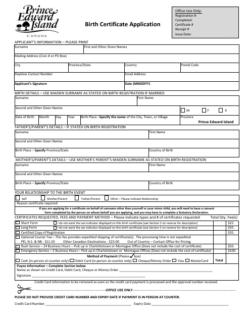 Birth Certificate Application - Prince Edward Island, Canada Download Pdf