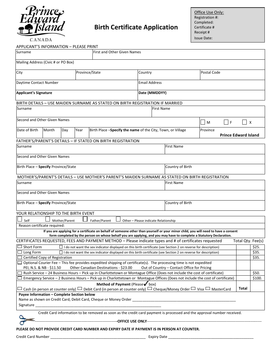 Birth Certificate Application - Prince Edward Island, Canada, Page 1