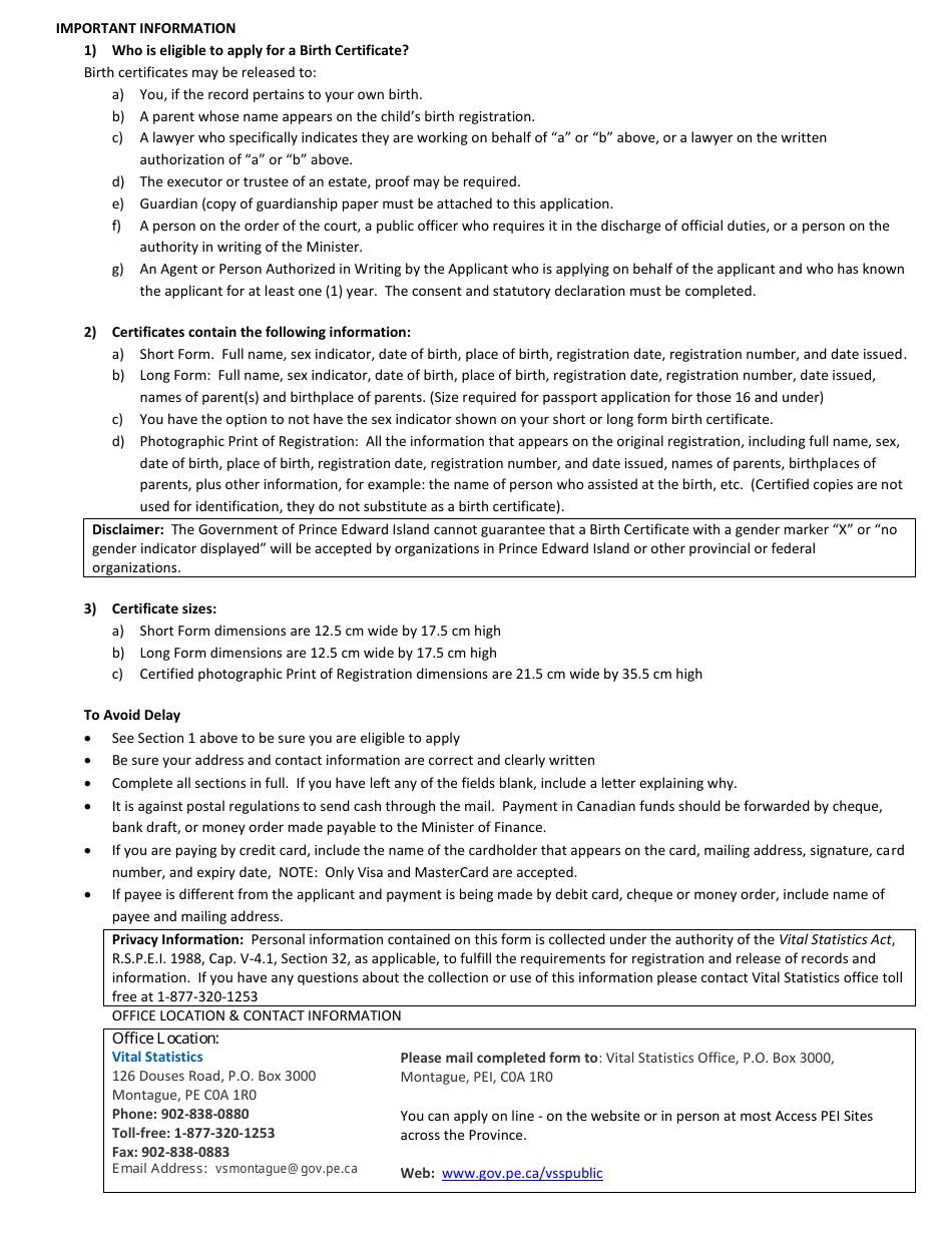 Birth Certificate Application - Prince Edward Island, Canada, Page 2