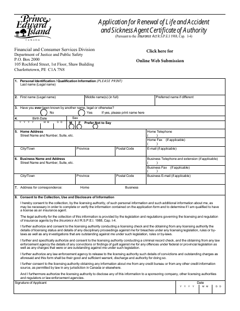 Application for Renewal of Life and Accident and Sickness Agent Certificate of Authority - Prince Edward Island, Canada Download Pdf
