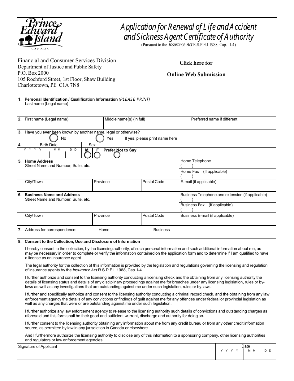 Application for Renewal of Life and Accident and Sickness Agent Certificate of Authority - Prince Edward Island, Canada, Page 1