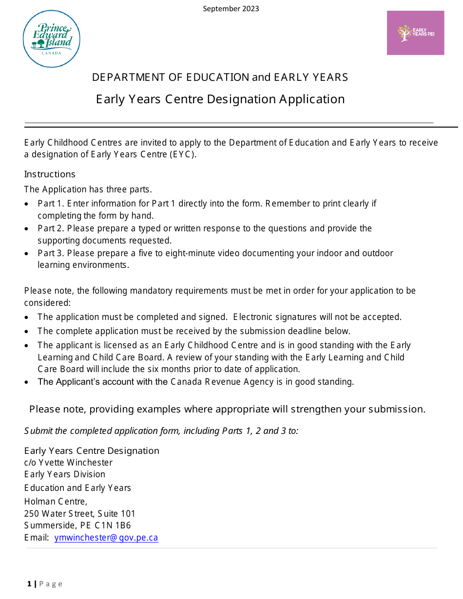 Early Years Centre Designation Application - Prince Edward Island, Canada, Page 1