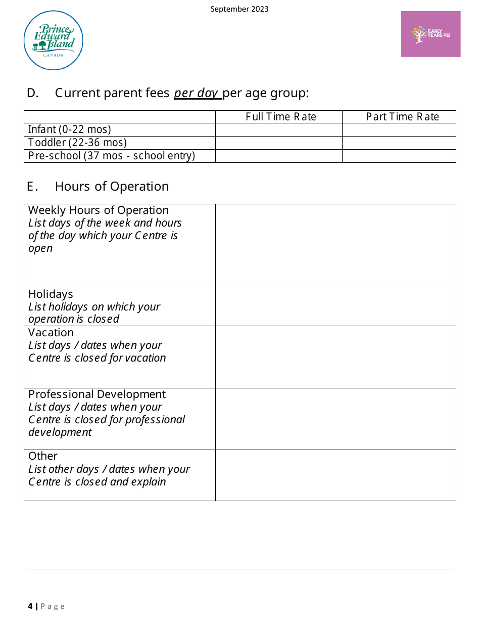 Early Years Centre Designation Application - Prince Edward Island, Canada, Page 4
