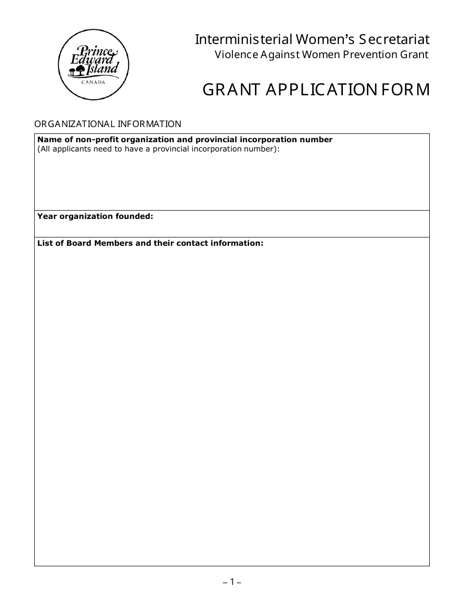 Interministerial Womens Secretariat Violence Against Women Prevention Grant Application Form - Prince Edward Island, Canada, Page 1