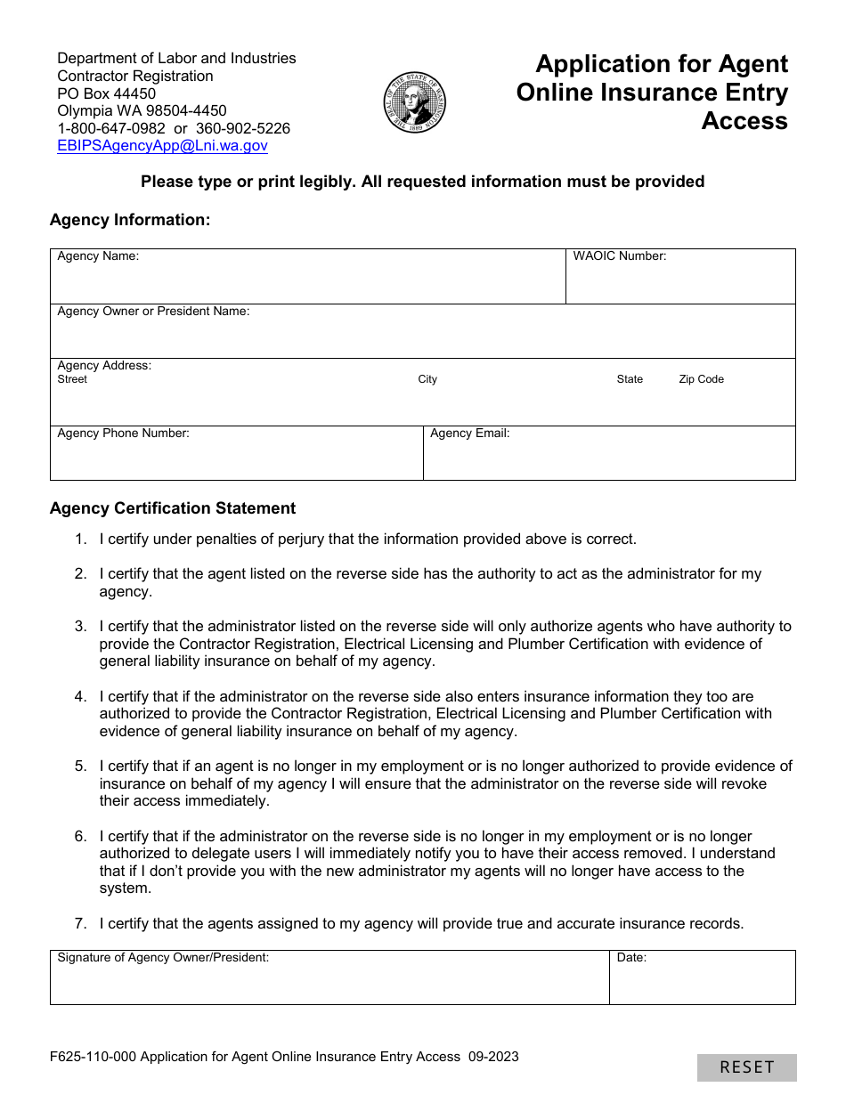 Form F625-110-000 Application for Agent Online Insurance Entry Access - Washington, Page 1