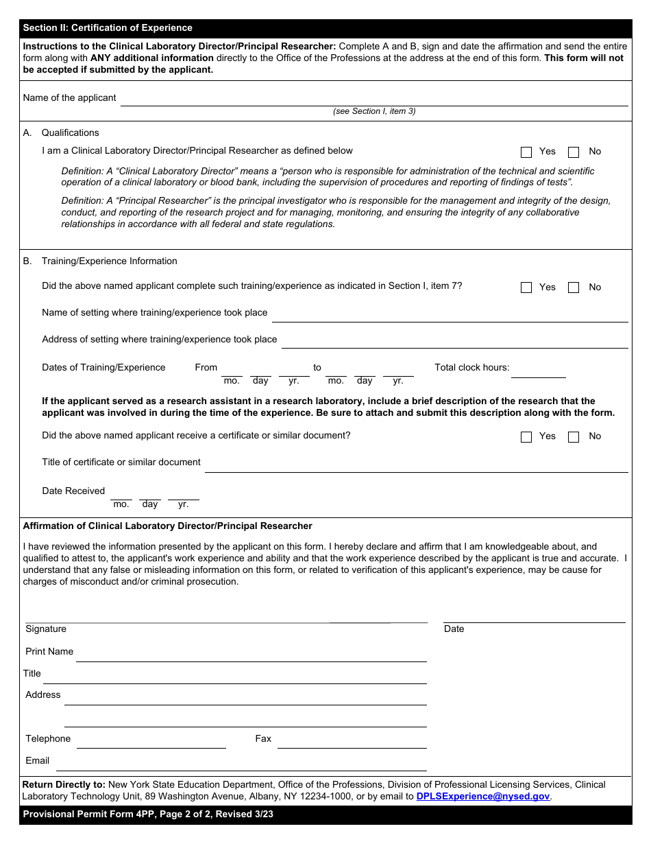 Clinical Laboratory Technologist Form 4PP Certification of Training / Experience - New York, Page 2