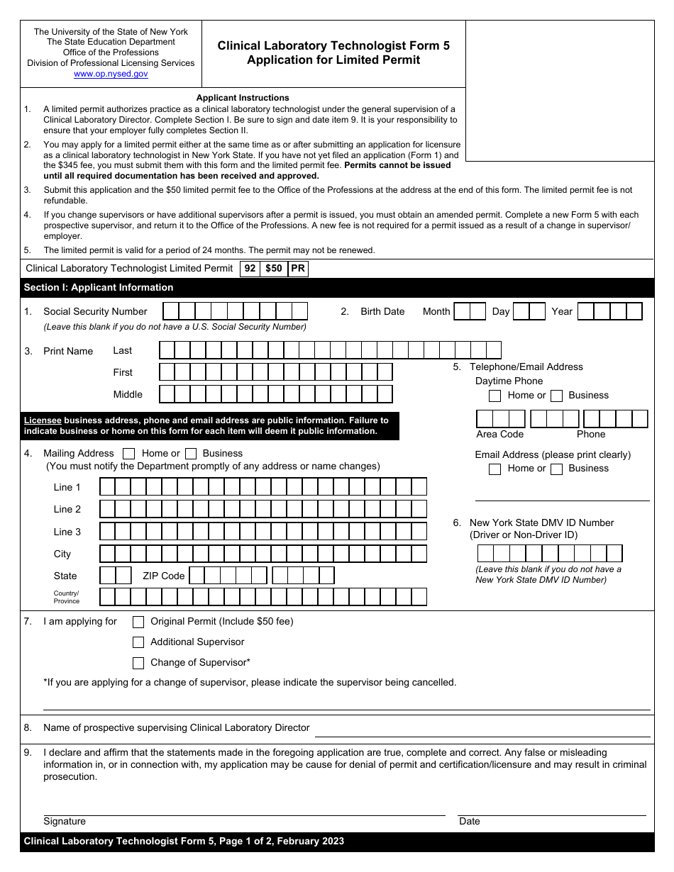 Clinical Laboratory Technologist Form 5 Application for Limited Permit - New York, Page 1