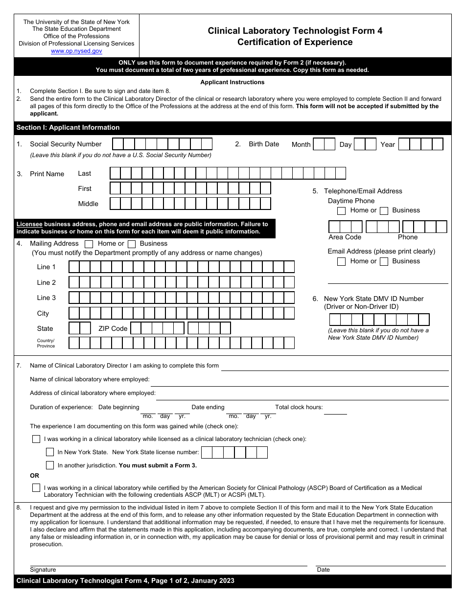 Clinical Laboratory Technologist Form 4 Certification of Experience - New York, Page 1