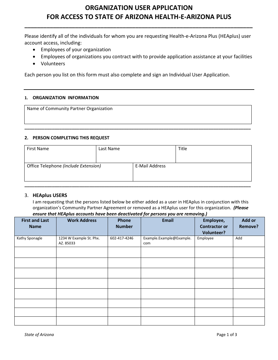 Organization User Application for Access to State of Arizona Health-E-arizona Plus - Arizona, Page 1