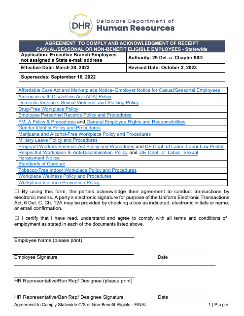 Agreement to Comply and Acknowledgment of Receipt - Casual / Seasonal or Non-benefit Eligible Employees - Statewide - Delaware Download Pdf