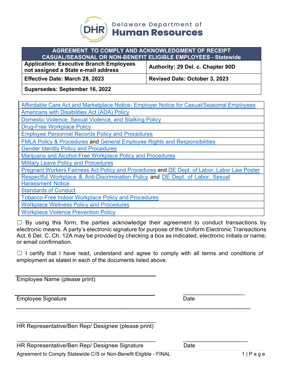 Agreement to Comply and Acknowledgment of Receipt - Casual / Seasonal or Non-benefit Eligible Employees - Statewide - Delaware, Page 1