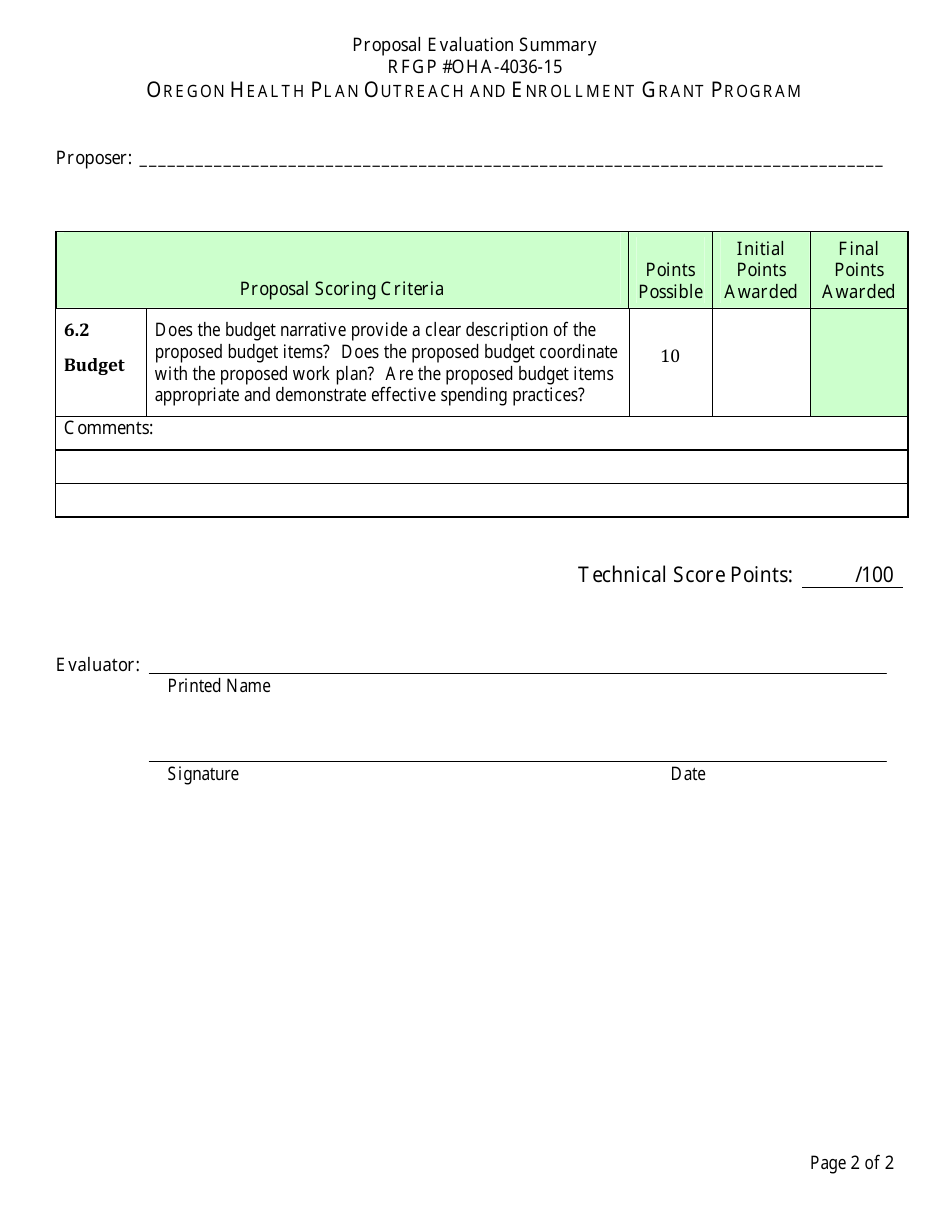 Proposal Evaluation Summary - Rfgp OHA-4035-15 - Oregon Health Plan Outreach and Enrollment Grant Program - Oregon, Page 2