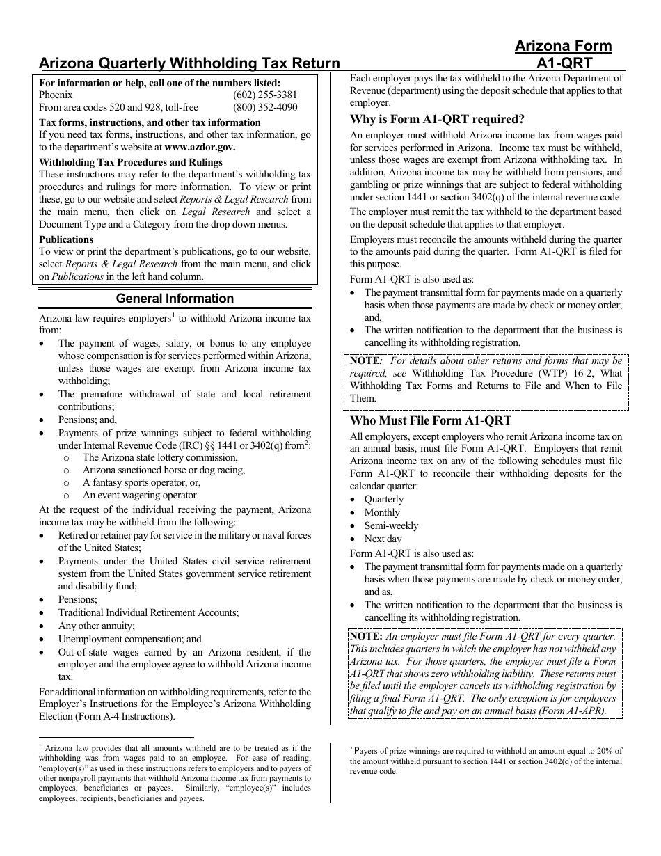 Instructions for Arizona Form A1-QRT Quarterly Withholding Tax Return - Arizona, Page 1